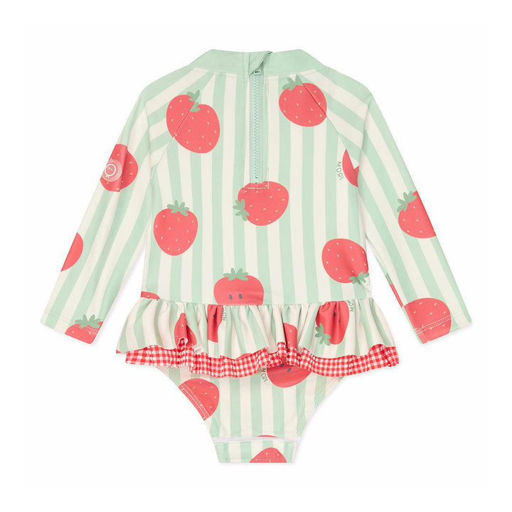 MORI Stripe Frill Long Sleeve Swimsuit - Strawberry & Green Stripe-Swimsuits-Strawberry & Green Stripe-12 - 18 M | Natural Baby Shower