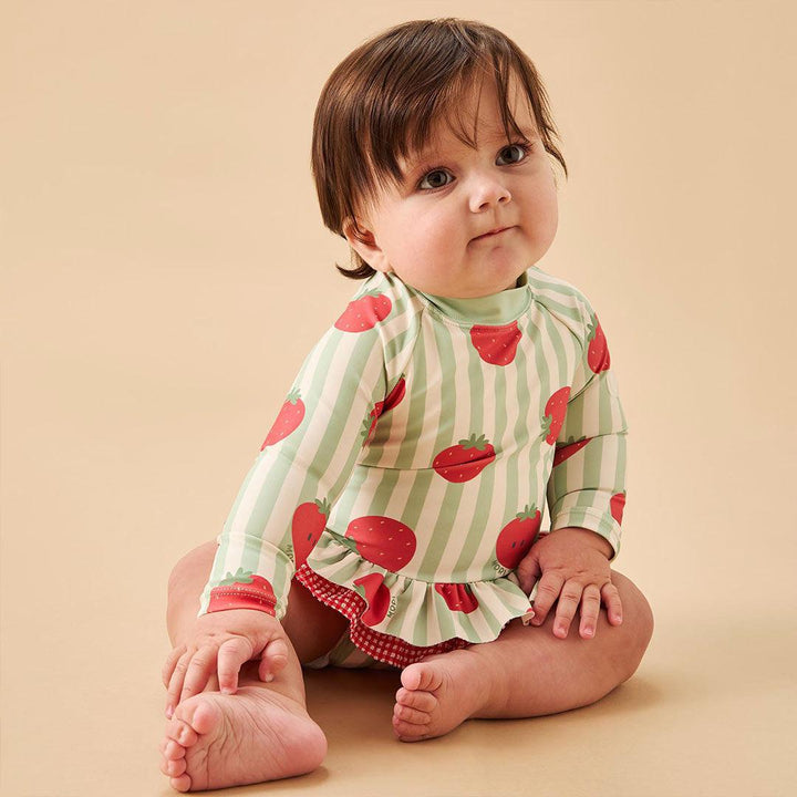 MORI Stripe Frill Long Sleeve Swimsuit - Strawberry & Green Stripe-Swimsuits-Strawberry & Green Stripe-12 - 18 M | Natural Baby Shower