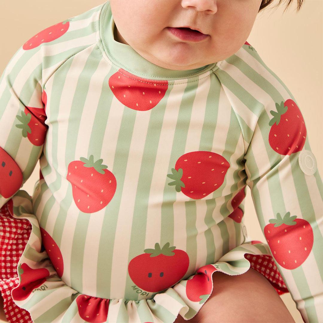 MORI Stripe Frill Long Sleeve Swimsuit - Strawberry & Green Stripe-Swimsuits-Strawberry & Green Stripe-12 - 18 M | Natural Baby Shower