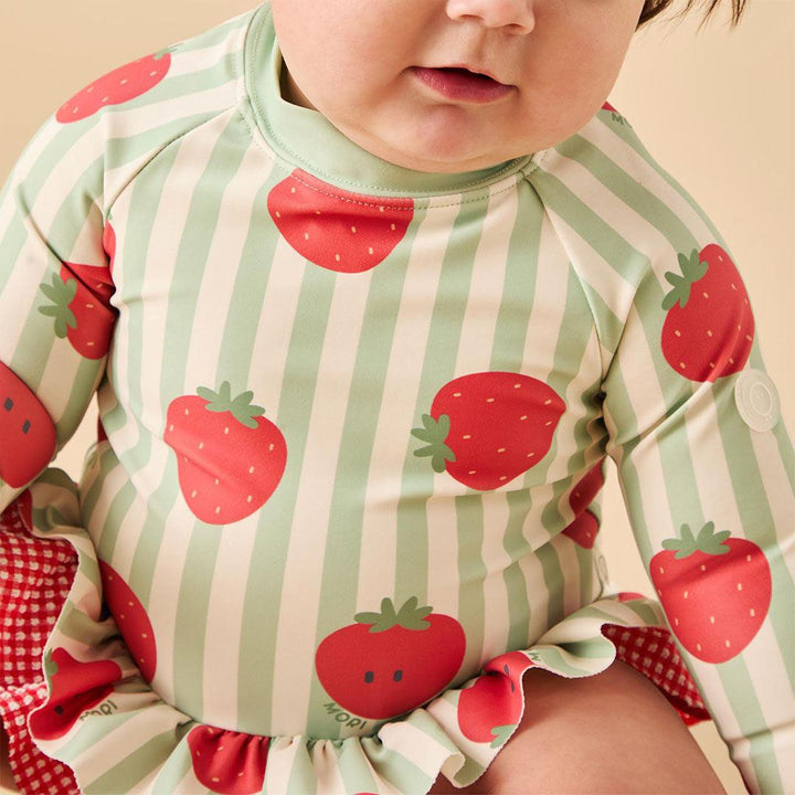 MORI Stripe Frill Long Sleeve Swimsuit - Strawberry & Green Stripe-Swimsuits-Strawberry & Green Stripe-12 - 18 M | Natural Baby Shower