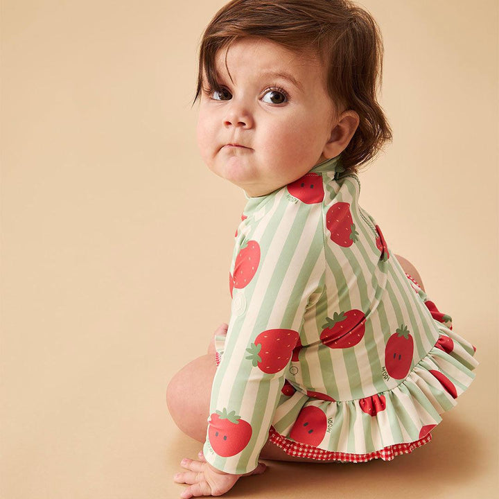 MORI Stripe Frill Long Sleeve Swimsuit - Strawberry & Green Stripe-Swimsuits-Strawberry & Green Stripe-12 - 18 M | Natural Baby Shower