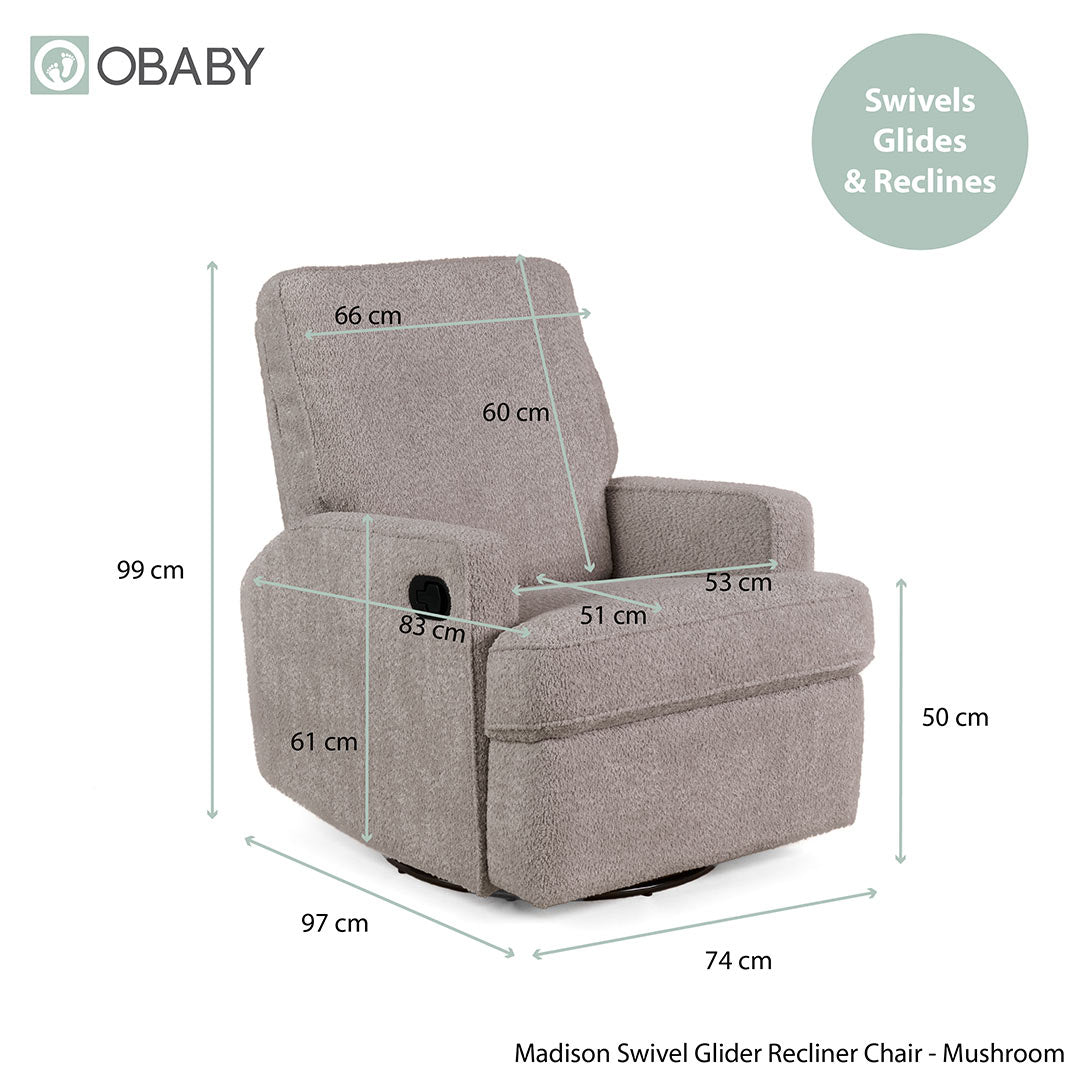Obaby Madison Swivel Glider Recliner Chair - Chenille Mushroom-Feeding Chairs-Chenille Mushroom- | Natural Baby Shower