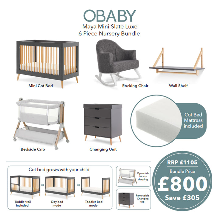 Obaby Maya Mini Luxe 6 Piece Room Set - Slate-Nursery Sets- | Natural Baby Shower