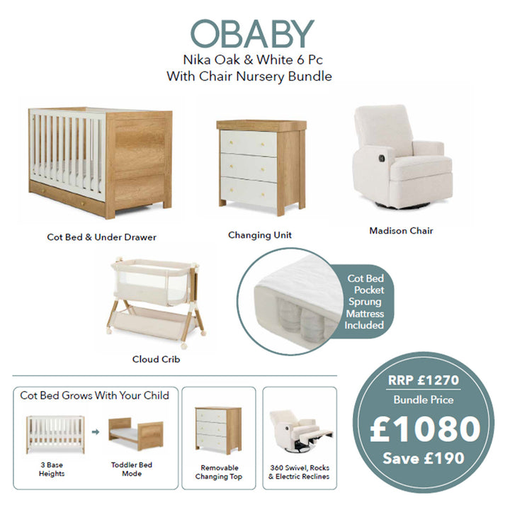 Obaby Nika 6 Piece Room Set with Chair and Cloud Bedside Crib - Oak & White-Nursery Sets- | Natural Baby Shower