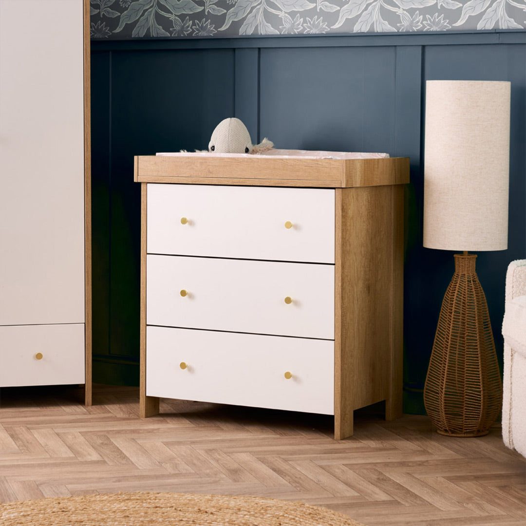Obaby Nika 6 Piece Room Set with Chair and Cloud Bedside Crib - Oak & White-Nursery Sets- | Natural Baby Shower