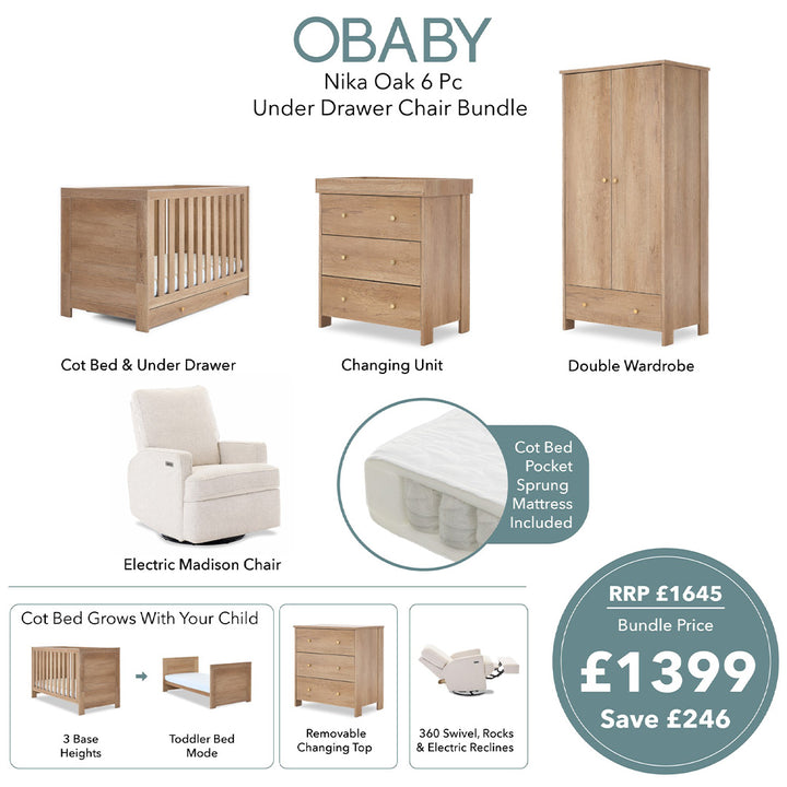 Obaby Nika 6 Piece Room Set with Chair - Oak-Nursery Sets- | Natural Baby Shower