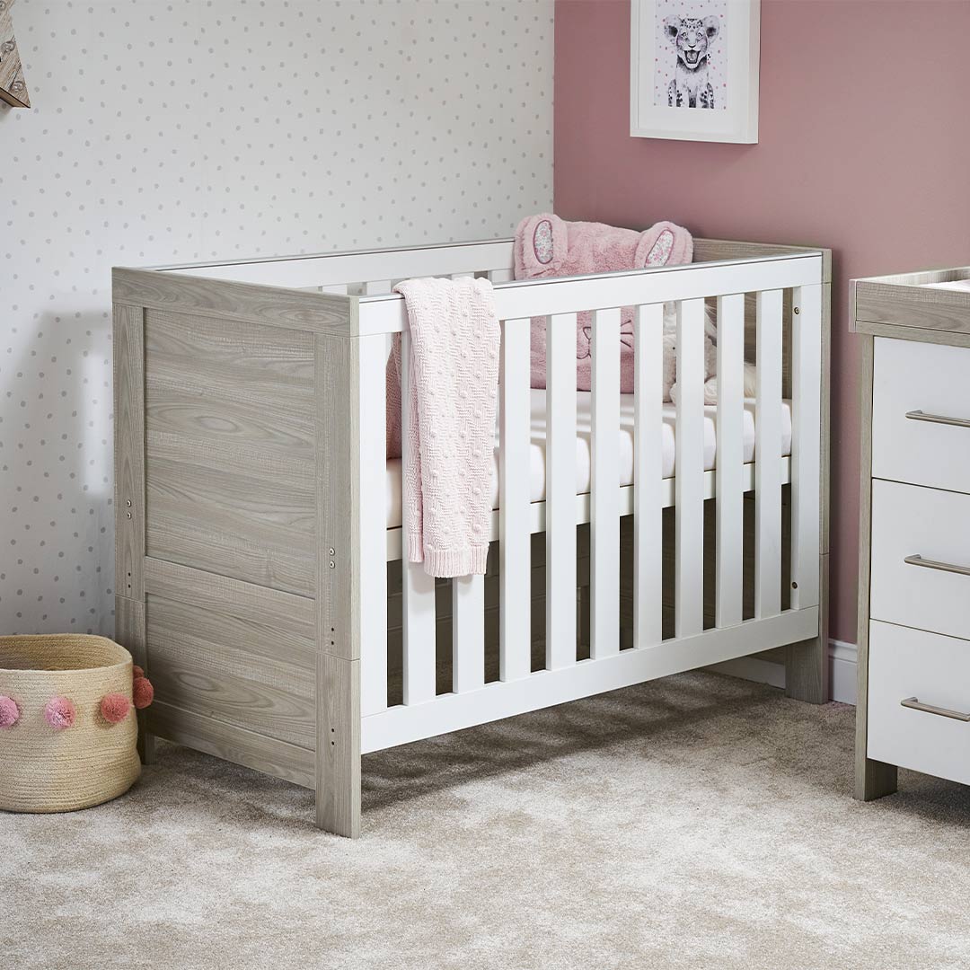 Obaby Nika Mini Cot Bed - Grey Wash + White-Cot Beds-Grey Wash & White-No Mattress | Natural Baby Shower