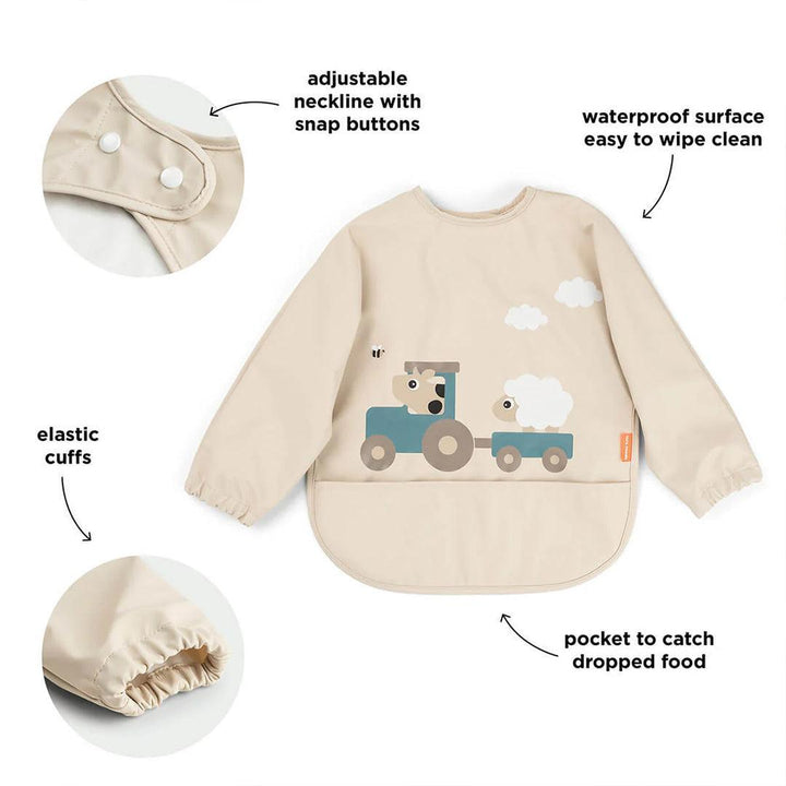 Done by Deer Sleeved Pocket Bib - Tiny Farm Sand-Bibs-Tiny Farm Sand-6-18m | Natural Baby Shower