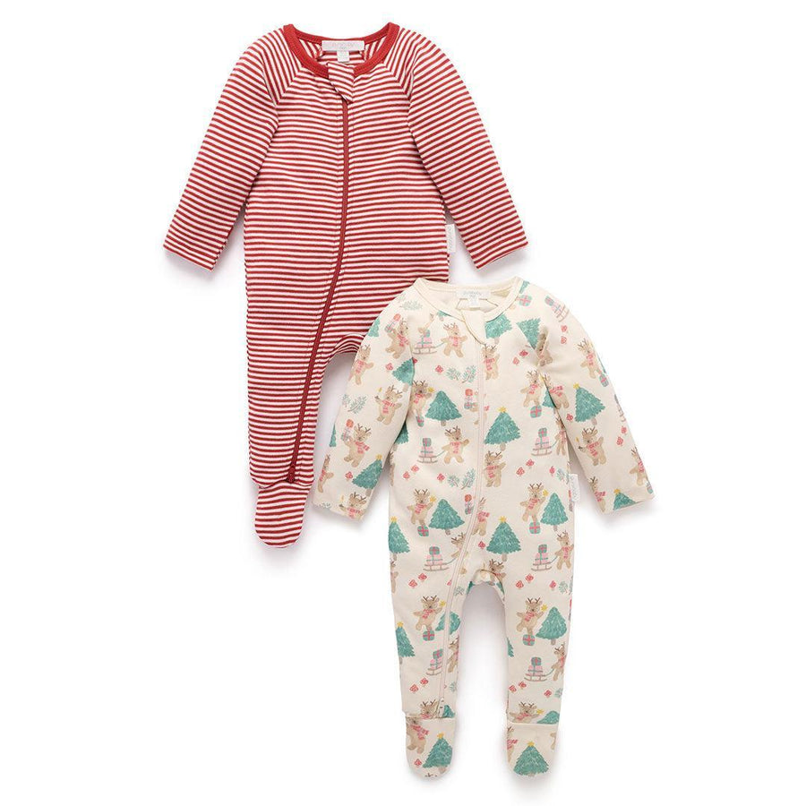 Purebaby 2 Pack Zip Sleepsuit - Deer Christmas Print-Sleepsuits-Deer Christmas Print-NB | Natural Baby Shower