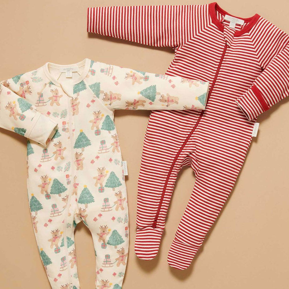 Purebaby 2 Pack Zip Sleepsuit - Deer Christmas Print-Sleepsuits-Deer Christmas Print-NB | Natural Baby Shower