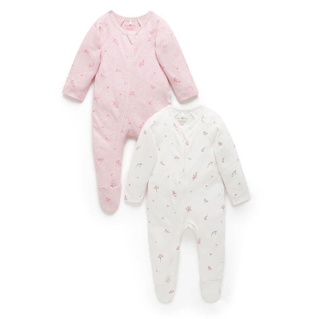 Purebaby 2 Pack Zip Sleepsuit - Pale Pink Blossom Pack-Sleepsuits-Pale Pink Blossom Pack-NB | Natural Baby Shower