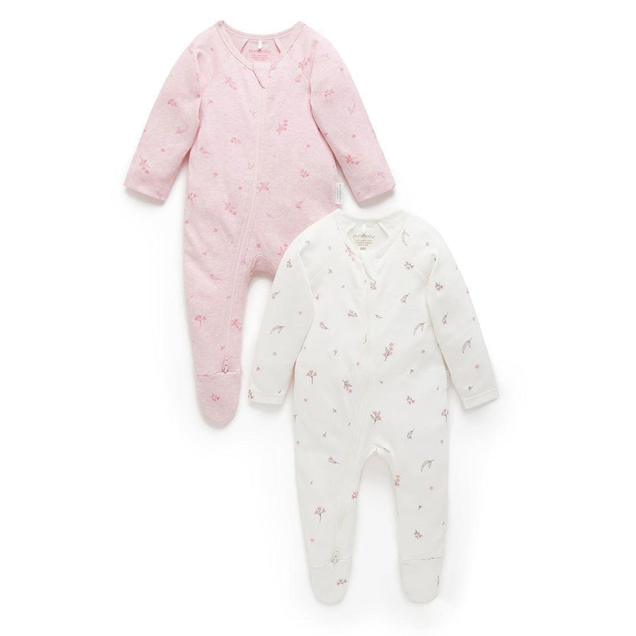 Purebaby 2 Pack Zip Sleepsuit - Pale Pink Blossom Pack-Sleepsuits-Pale Pink Blossom Pack-NB | Natural Baby Shower