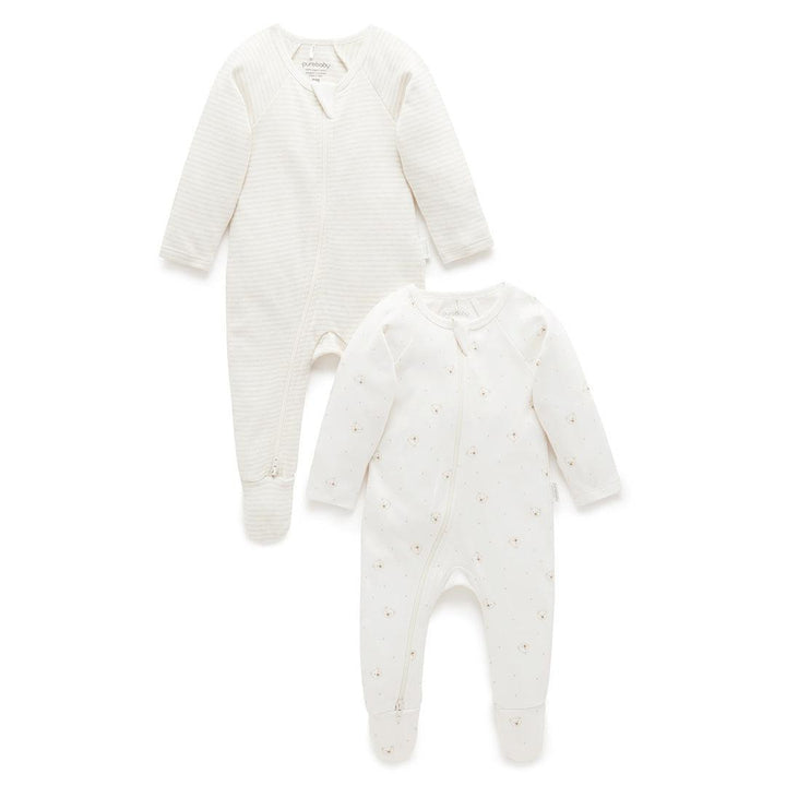 Purebaby 2 Pack Zip Sleepsuit - Vanilla Bear Pack-Sleepsuits-Vanilla Bear Pack-NB | Natural Baby Shower