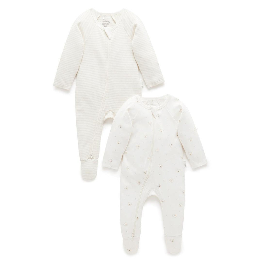 Purebaby 2 Pack Zip Sleepsuit - Vanilla Bear Pack-Sleepsuits-Vanilla Bear Pack-NB | Natural Baby Shower