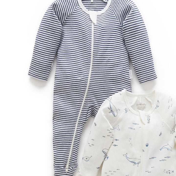 Purebaby 2 Pack Zip Sleepsuit - Vanilla Nautical Pack-Sleepsuits-Vanilla Nautical Pack-NB | Natural Baby Shower