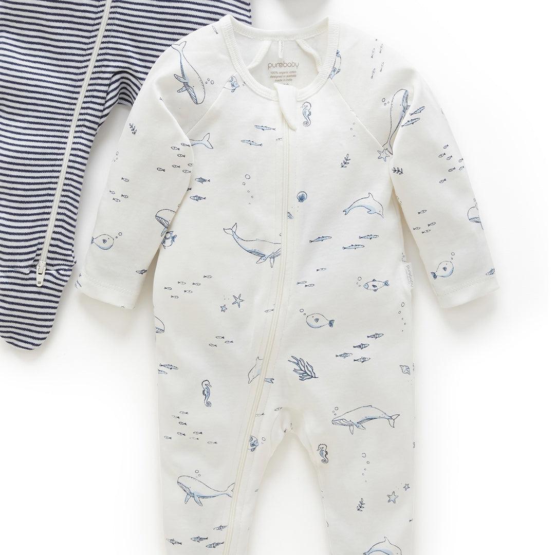 Purebaby 2 Pack Zip Sleepsuit - Vanilla Nautical Pack-Sleepsuits-Vanilla Nautical Pack-NB | Natural Baby Shower