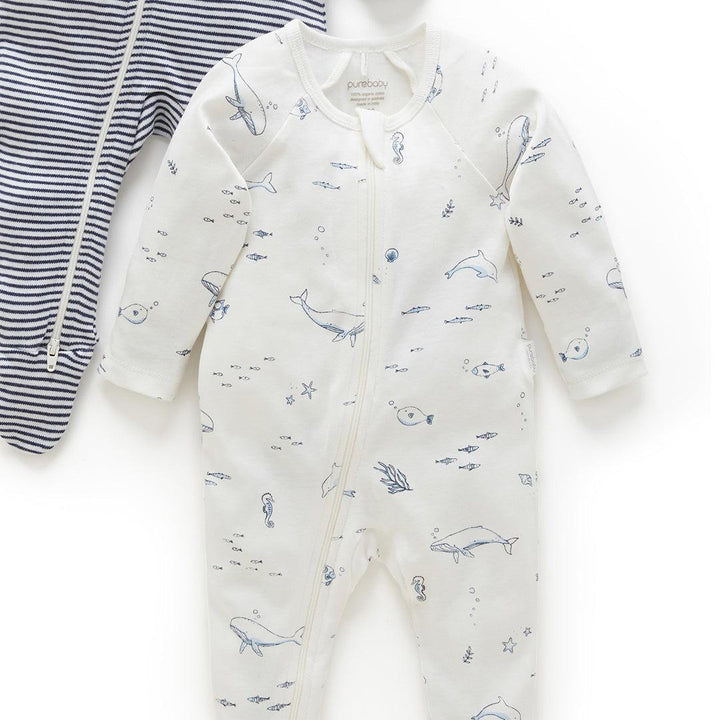 Purebaby 2 Pack Zip Sleepsuit - Vanilla Nautical Pack-Sleepsuits-Vanilla Nautical Pack-NB | Natural Baby Shower