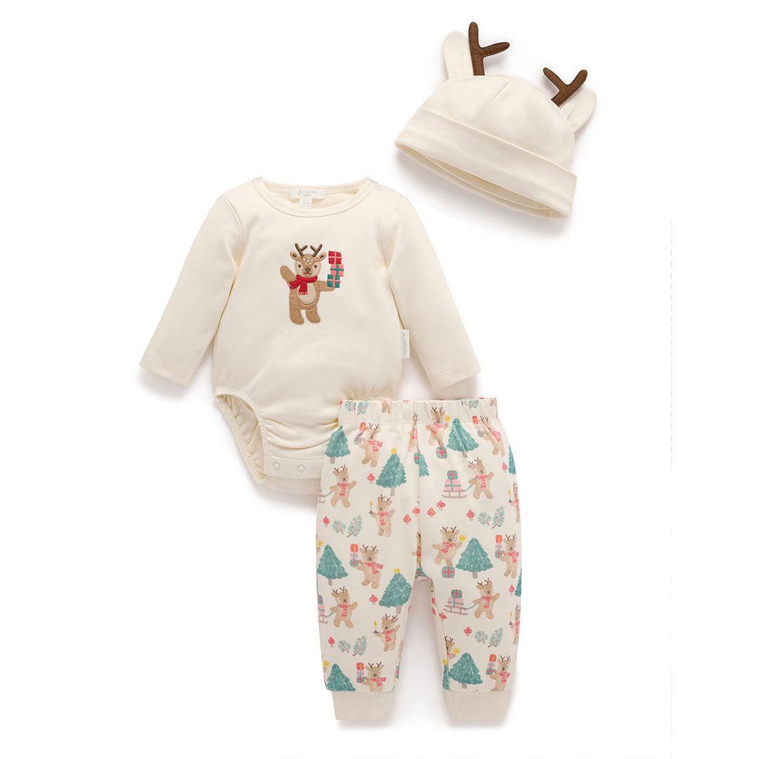 Purebaby 3pc Christmas Outfit - Deer Christmas Print-Clothing Sets-Deer Christmas Print-NB | Natural Baby Shower