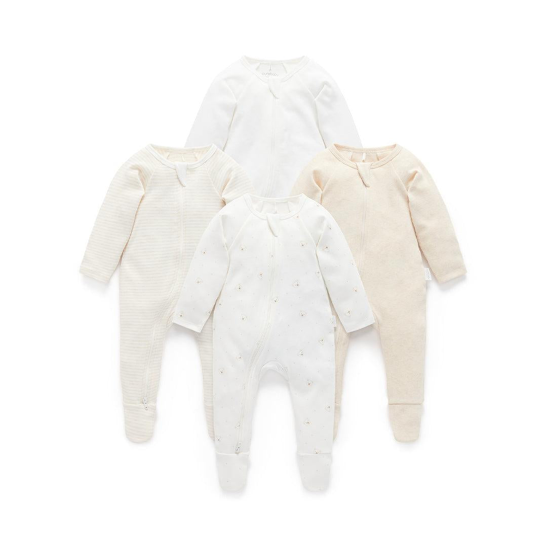Purebaby 4 Pack Zip Sleepsuit - Vanilla Bear Pack-Sleepsuits-Vanilla Bear Pack-NB | Natural Baby Shower