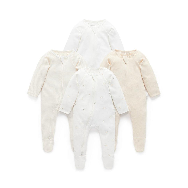 Purebaby 4 Pack Zip Sleepsuit - Vanilla Bear Pack-Sleepsuits-Vanilla Bear Pack-NB | Natural Baby Shower