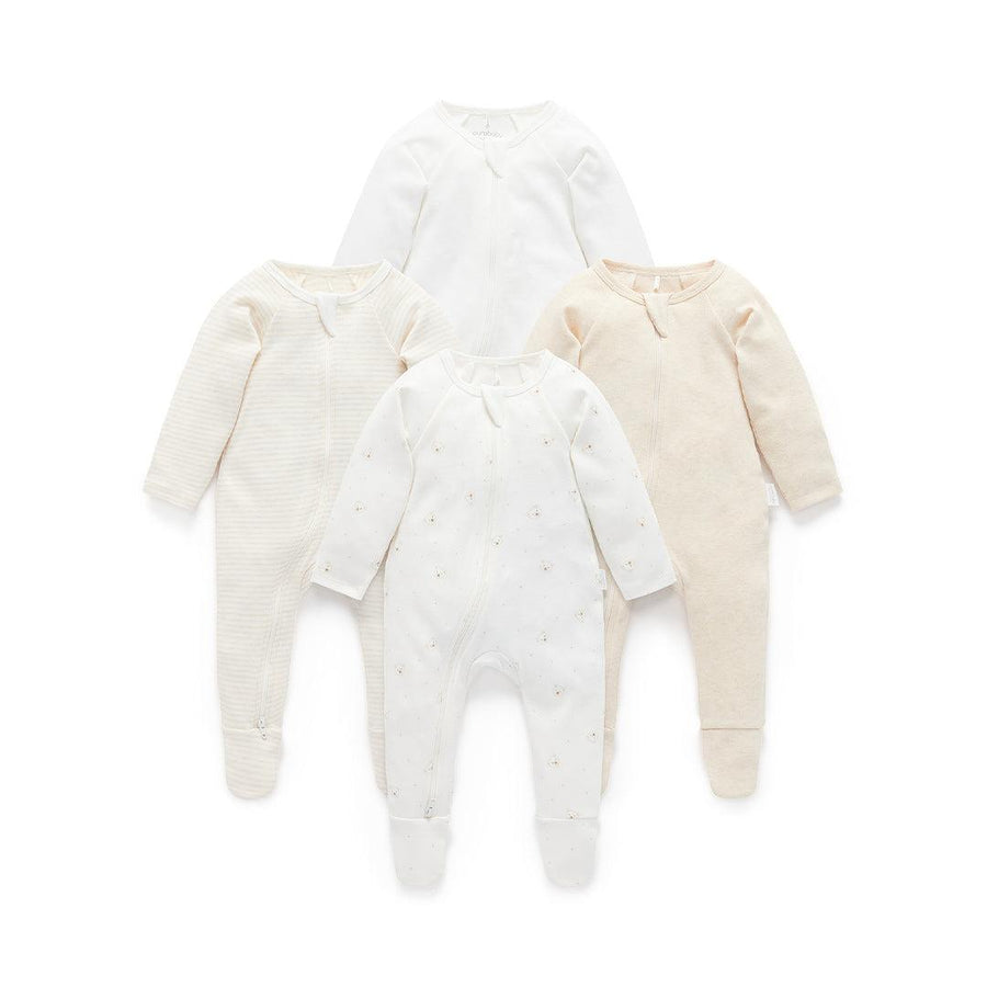 Purebaby 4 Pack Zip Sleepsuit - Vanilla Bear Pack-Sleepsuits-Vanilla Bear Pack-NB | Natural Baby Shower
