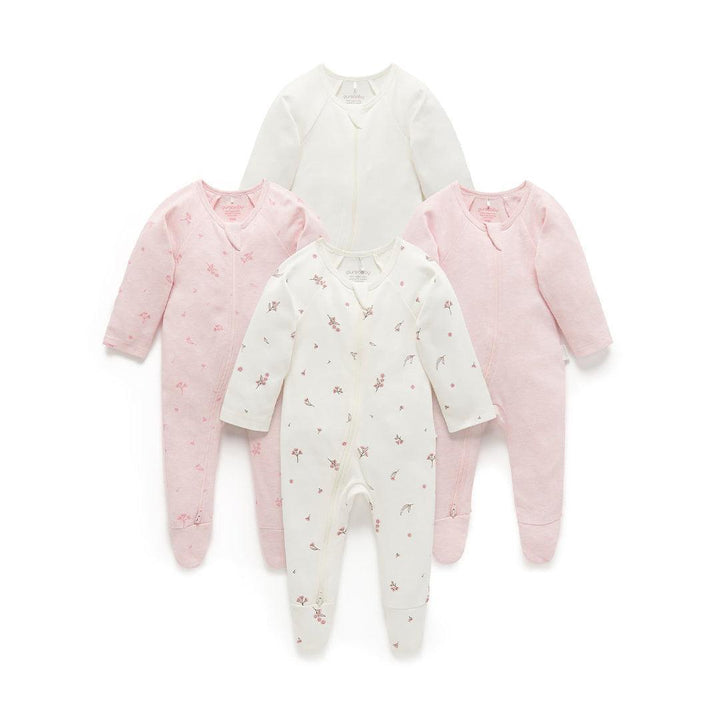 Purebaby 4 Pack Zip Sleepsuit - Vanilla Blossom Pack-Sleepsuits-Vanilla Blossom Pack-0-3m | Natural Baby Shower