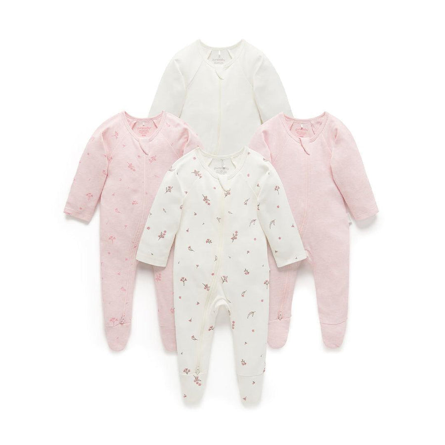 Purebaby 4 Pack Zip Sleepsuit - Vanilla Blossom Pack-Sleepsuits-Vanilla Blossom Pack-0-3m | Natural Baby Shower