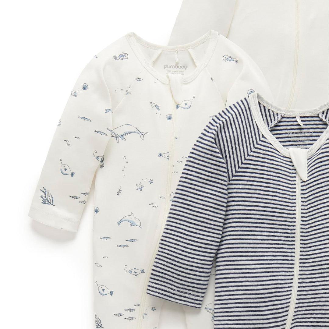 Purebaby 4 Pack Zip Sleepsuit - Vanilla Nautical Pack-Sleepsuits-Vanilla Nautical Pack-0-3m | Natural Baby Shower