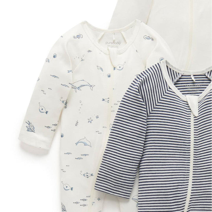 Purebaby 4 Pack Zip Sleepsuit - Vanilla Nautical Pack-Sleepsuits-Vanilla Nautical Pack-0-3m | Natural Baby Shower