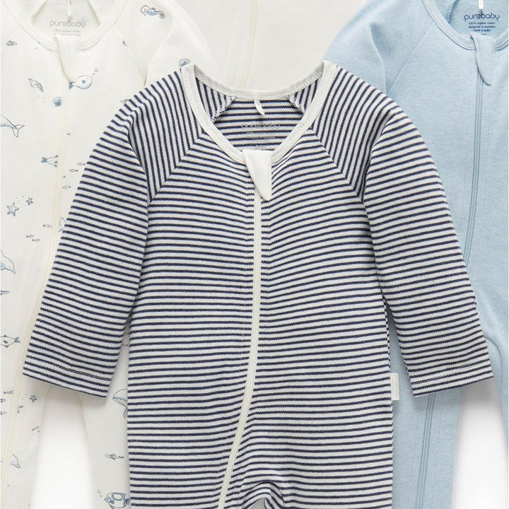 Purebaby 4 Pack Zip Sleepsuit - Vanilla Nautical Pack-Sleepsuits-Vanilla Nautical Pack-0-3m | Natural Baby Shower