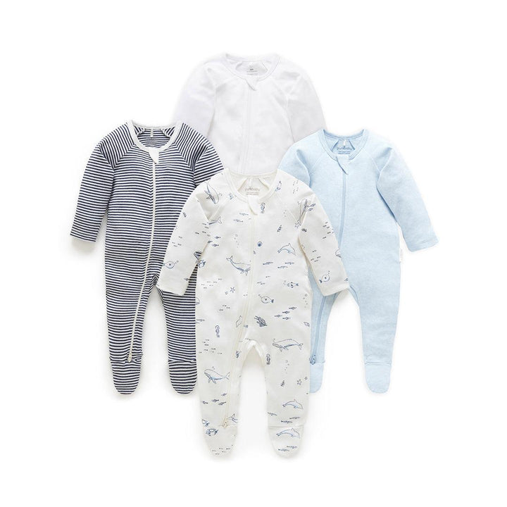 Purebaby 4 Pack Zip Sleepsuit - Vanilla Nautical Pack-Sleepsuits-Vanilla Nautical Pack-0-3m | Natural Baby Shower