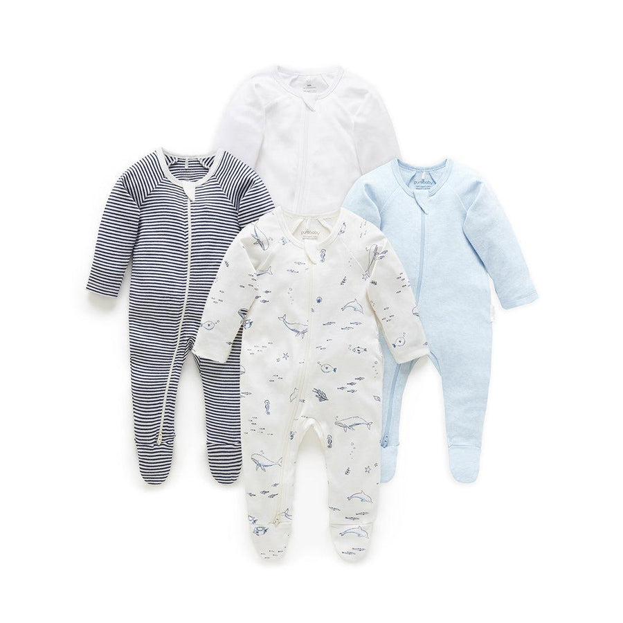 Purebaby 4 Pack Zip Sleepsuit - Vanilla Nautical Pack-Sleepsuits-Vanilla Nautical Pack-0-3m | Natural Baby Shower