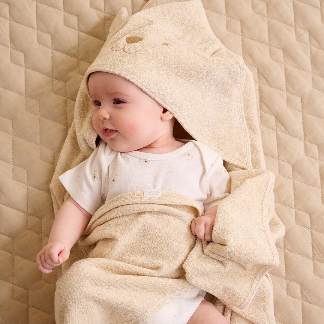 Purebaby Bear Hooded Towel - Wheat Melange-Bath Towels-Wheat Melange-One Size | Natural Baby Shower