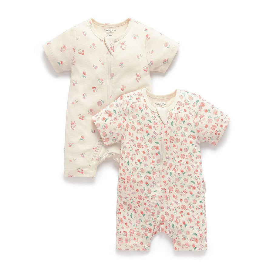 Purebaby 2 Pack Short Sleeved Digital Growsuit - Emilia Print-Sleepsuits-Emilia Print-0-3m | Natural Baby Shower