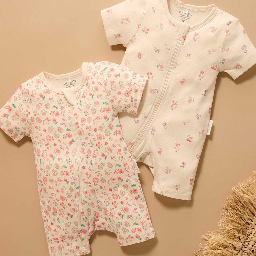 Purebaby 2 Pack Short Sleeved Digital Growsuit - Emilia Print-Sleepsuits-Emilia Print-0-3m | Natural Baby Shower
