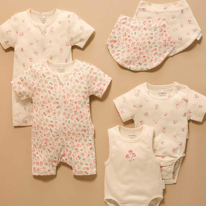 Purebaby 2 Pack Short Sleeved Digital Growsuit - Emilia Print-Sleepsuits-Emilia Print-0-3m | Natural Baby Shower