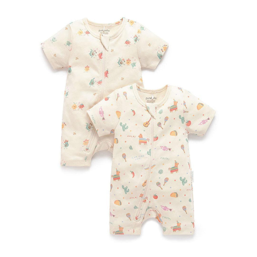 Purebaby 2 Pack Short Sleeved Digital Growsuit - Pinata Print-Sleepsuits-Pinata Print-0-3m | Natural Baby Shower