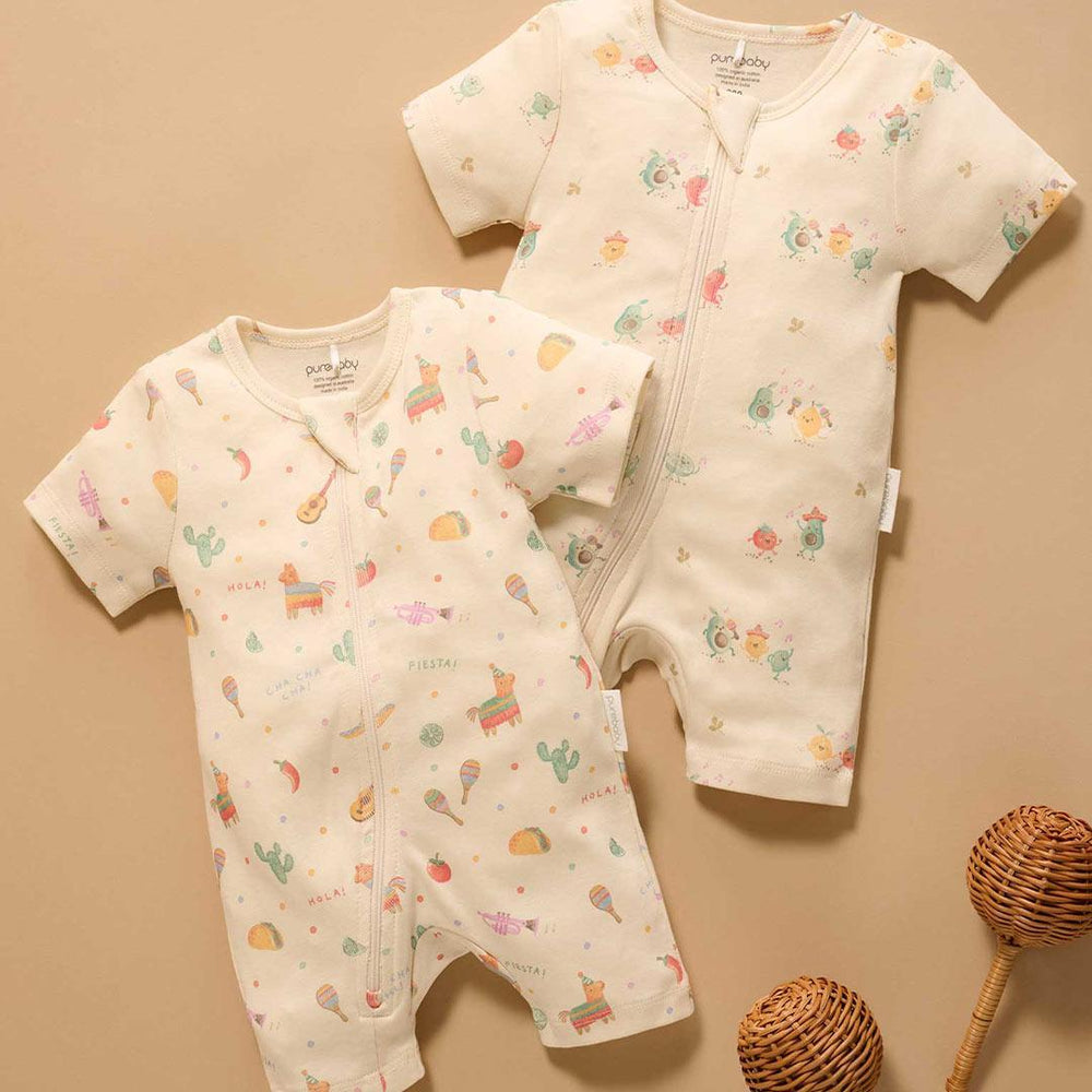 Purebaby 2 Pack Short Sleeved Digital Growsuit - Pinata Print-Sleepsuits-Pinata Print-0-3m | Natural Baby Shower