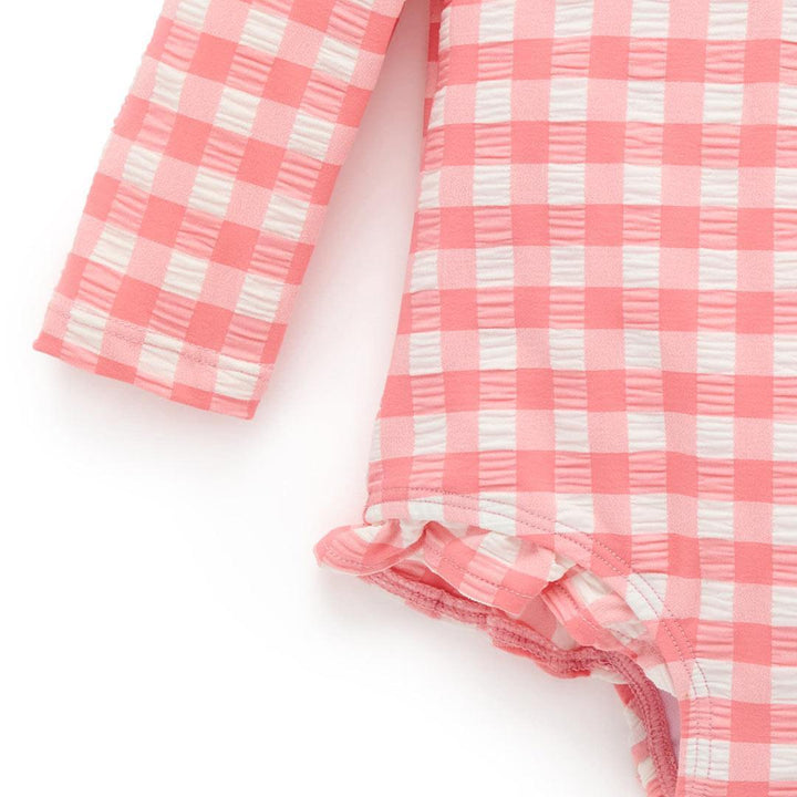 Purebaby Printed Frilly Long Sleeved Swimsuit - Pomegranate Gingham-Swimsuits-Pomegranate Gingham-3-6m | Natural Baby Shower