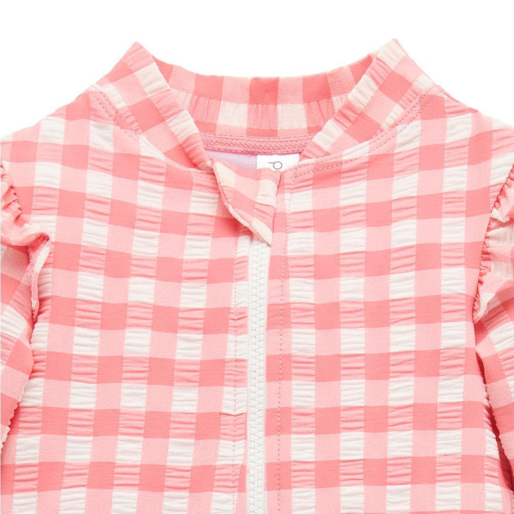 Purebaby Printed Frilly Long Sleeved Swimsuit - Pomegranate Gingham-Swimsuits-Pomegranate Gingham-3-6m | Natural Baby Shower