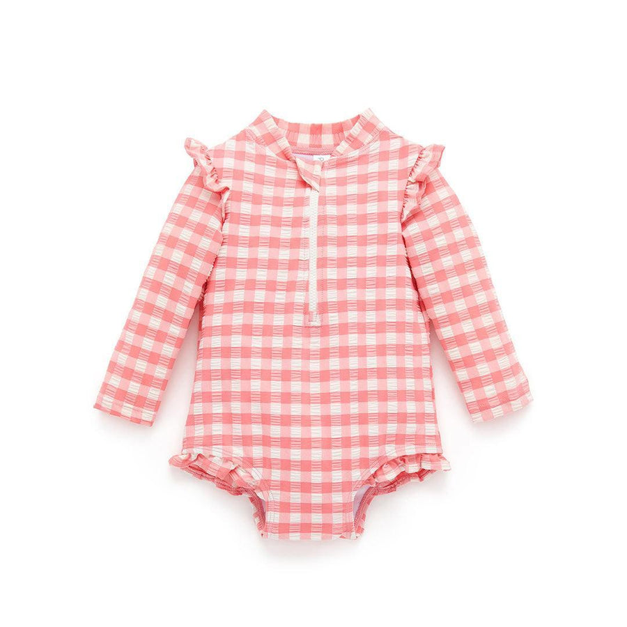Purebaby Printed Frilly Long Sleeved Swimsuit - Pomegranate Gingham-Swimsuits-Pomegranate Gingham-3-6m | Natural Baby Shower