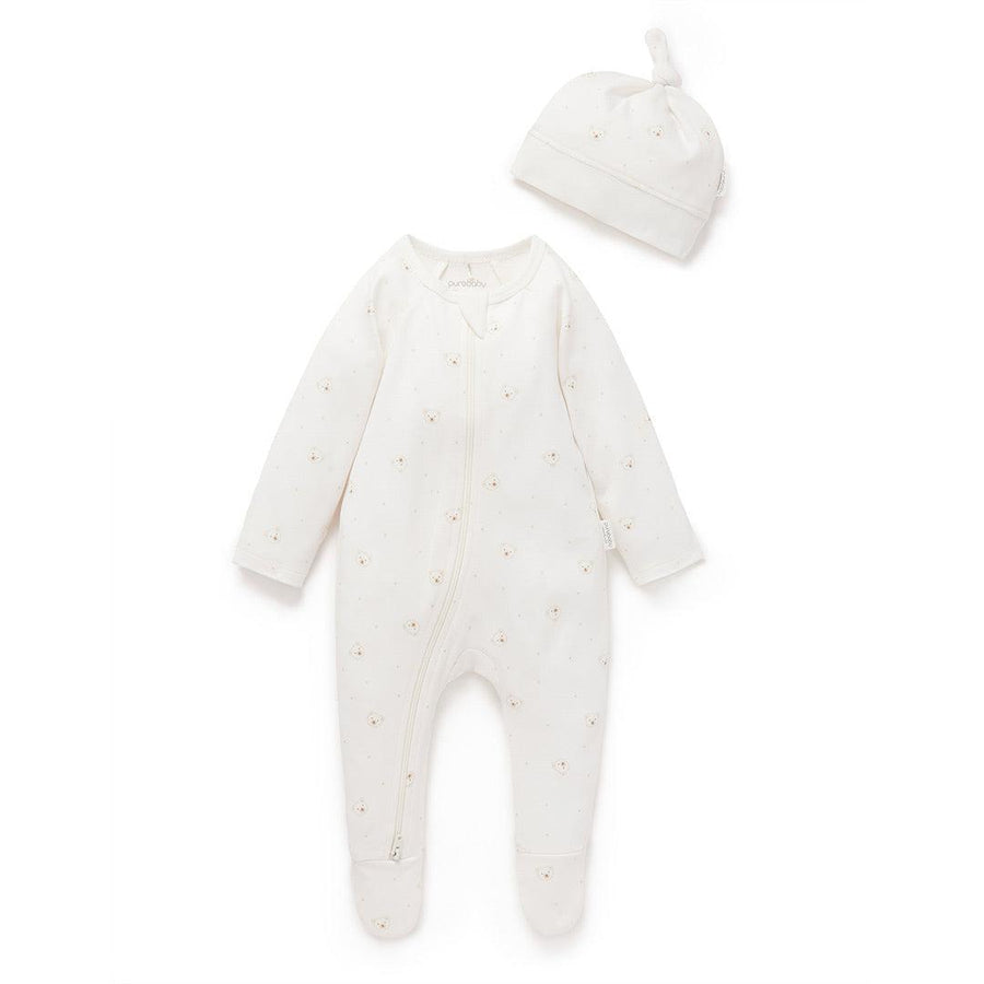 Purebaby Zip Sleepsuit & Hat Set - Vanilla Bear-Clothing Sets-Vanilla Bear-NB | Natural Baby Shower