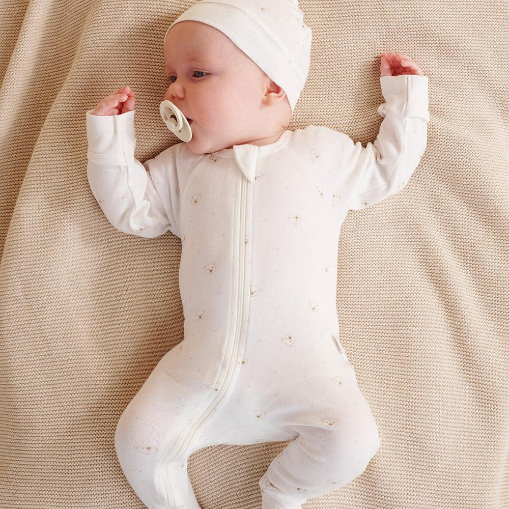 Purebaby Zip Sleepsuit & Hat Set - Vanilla Bear-Clothing Sets-Vanilla Bear-NB | Natural Baby Shower