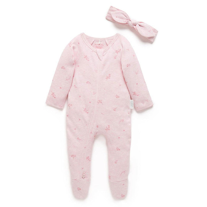 Purebaby Zip Sleepsuit & Headband Set - Pale Pink Blossom-Clothing Sets-Pale Pink Blossom-NB | Natural Baby Shower