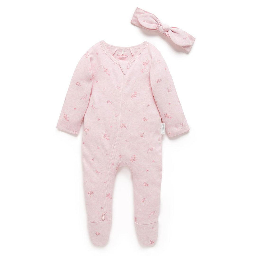 Purebaby Zip Sleepsuit & Headband Set - Pale Pink Blossom-Clothing Sets-Pale Pink Blossom-NB | Natural Baby Shower