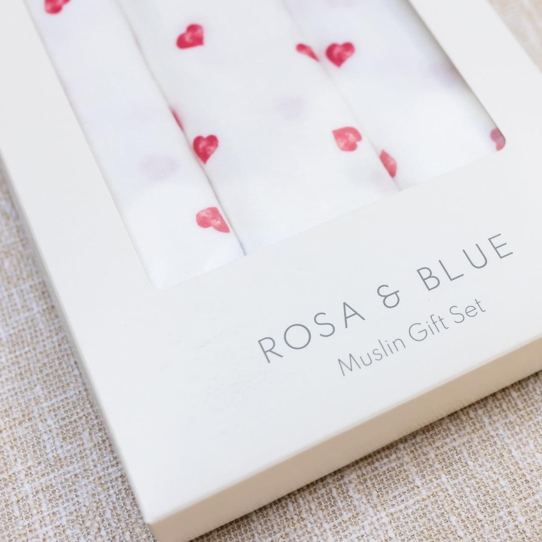 Rosa & Blue Muslin Squares - Heart - 3 Pack-Muslin Squares-Heart- | Natural Baby Shower