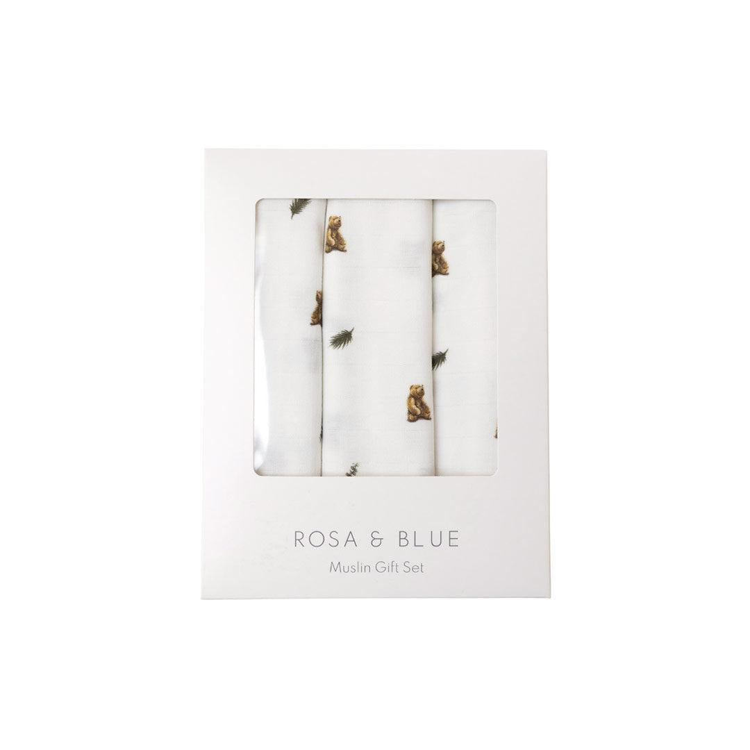 Rosa & Blue Muslin Squares - Brown Bear - 3 Pack-Muslin Squares-Brown Bear- | Natural Baby Shower