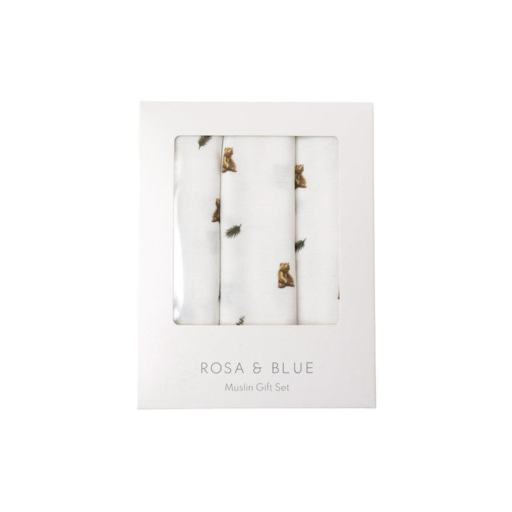 Rosa & Blue Muslin Squares - Brown Bear - 3 Pack-Muslin Squares-Brown Bear- | Natural Baby Shower