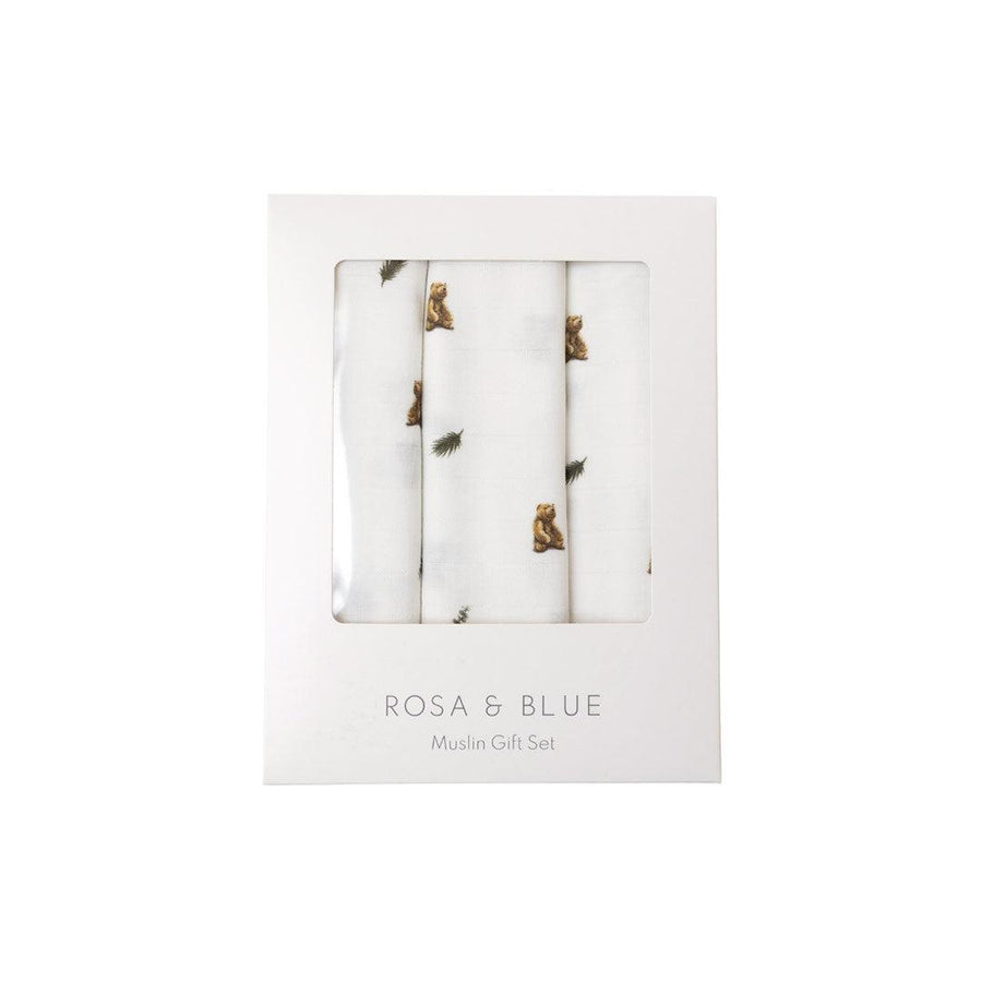 Rosa & Blue Muslin Squares - Brown Bear - 3 Pack-Muslin Squares-Brown Bear- | Natural Baby Shower