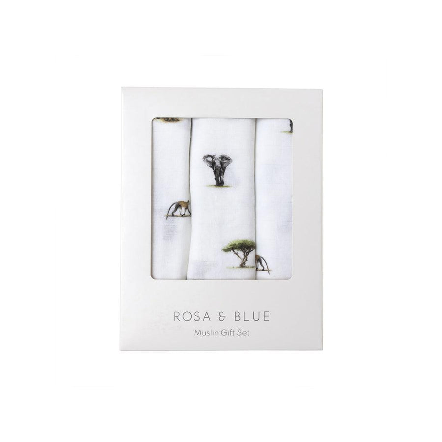 Rosa & Blue Muslin Squares - Safari - 3 Pack-Muslin Squares-Safari- | Natural Baby Shower